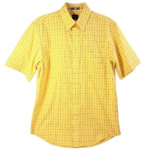 Arrow Men's Yellow Button Down Collard Plaid‎ Shirt Size S 14-14 1/2